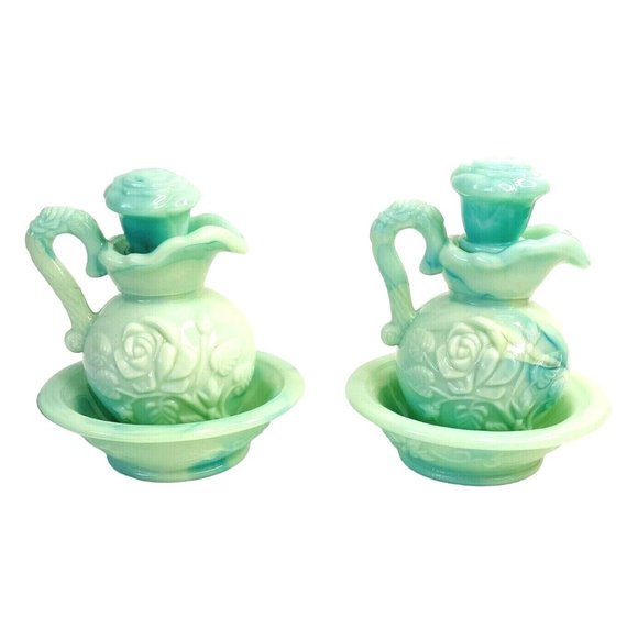 Avon Jadeite Decanter Bottle Pitcher and Bowl w/ Stoppers 5" Victoriana Glass - Picture 9 of 11